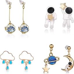 4 Pairs Astronaut Stud Earrings Asymmetric Spaceman Star Moon Earrings Planet Star Stud Dangle Earrings Cloud Rain Drop Earrings for Women, Alloy Metal, No Gemstone-image-46