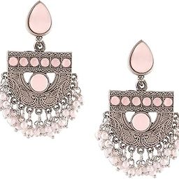zaveri pearls Pink Silver Oxidised Stones & Beads Traditional Drops Earring For Women-ZPFK16697-picture-1