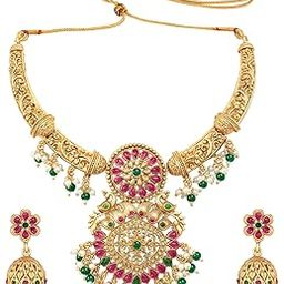 peora Traditional Gold Plated Red Green Beads Studded Choker Necklace Jhumki Earrings Set Ethnic Stylish Fashion Jewellery Gift for Women & Girls-picture-24