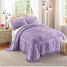 Montgomery Ward Emily Floral Chenille Bedspread, Soft Cotton Comforter, King Size Quilt in Lavender - Luxury Hotel Bedding, King Bedspread (Lavender, King)-image-21