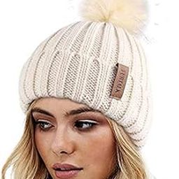 Women's|Girl's Faux Fur Pom Pom Crochet Knitted Wool Skull Beanie Hat Cap (Beige)-image-81
