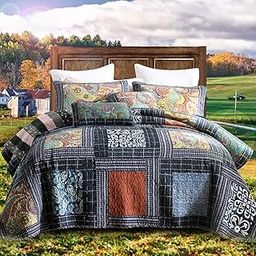 NEWLAKE Cotton Patchwork Bedspread, 3-Piece Bedding Quilt Set with Real Stitched Embroidery, Reversible Matelasse Bed Coverlet Set,Vintage Flowery Grid,King Size-image-25