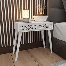 2 Drawer End Table for Bedroom, Small Side Table with 2 Drawers, Night Stand, End Table with Wooden Legs for Bedroom, Living Room (White)-image-2