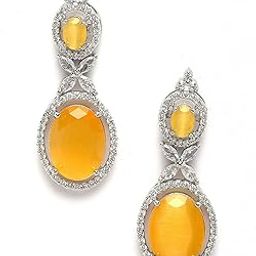 Rhodium-Plated Silver Toned American Diamond studded Oval Shaped Drop Earrings-image-18