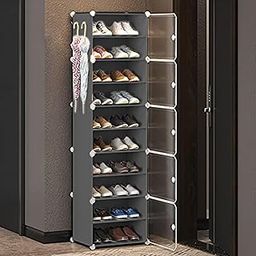 Zemic DIY Portable Shoe Rack for Home Plastic Shelves Household, Shelf Shoe Rack with Dustproof Door for Heels/Slippers/Boots for Entryway or Bedroom (Grey, 10-Shelf-5-Door)-picture-45