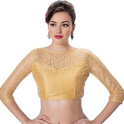 Women's Floral Net 3/4th Sleeves High Neck Readymade Saree Blouse-image-20