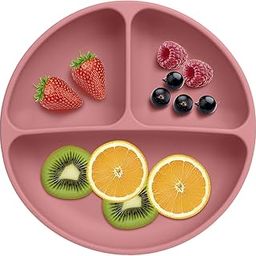 Xacton Silicone Suction Plates for Baby Microwave,Dishwasher, Freezer Safe Unbreakable | 3 Divided Portion with 4 Suction Cup Feeding Plate for Baby & Toddlers (Pink)-20