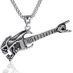 Silver Skull Metal Rock Guitar Punk Necklace Stainless Steel 24-Inch Chain Pendant for Men & Women-image-7