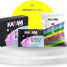 Kadam Pakka Rang Fabric Dye for Clothes Permanent, Fabric Colour Dye Clothes, Cloth Dye Powder, Fabric Dye Clothes, 10 sachets Shade 01 Lemon Yellow Colour with 5 sachets of DyFix Colour Fixer-15
