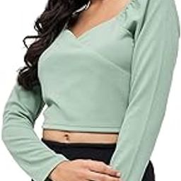 Casual Women's Solid Polyester V Neck Top Light Green-image-53