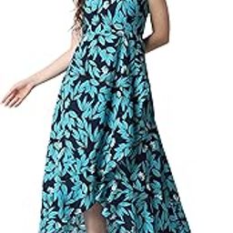 Women Casual Ocean Blue Leaf Printed Maxi Length Fit & Flare Dress-image-37