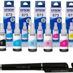 ITGlobal 3in1 Multi-Function Anti-Metal Texture Rotating Ballpoint Pen | T 673 B/C/Y/M/LC/LM Ink Bottle (Set of 6) T673 T-673 OG for Epson Selected Printer | Value Pack-27