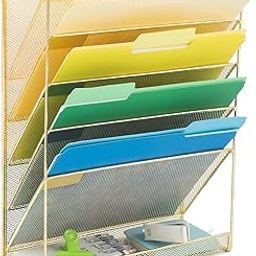 INDIAN DECOR 26503 Desk File Organizer Mesh 5-Tier, Hanging Wall Mount Document Organization Stand, Desktop Vertical Mail Paper Folder Holder Rack with Bottom Tray Office Home Cubicle Countertop, Gold-14