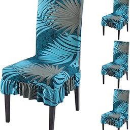 HOKIPO Polyester Blend 140 Gsm Fully Covered Chair Cover Set Of 4 With Frill, Sea Blue Tropical Leaves (Ar-5133-D10*4)-image-36