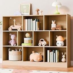 Cozy Castle Oak Bookshelf, 3-Tier Open Shelf Bookcase, 10 Cube Storage Organizer with Anti-Tilt Device, Freestanding Horizontal Bookshelf Cube Shelf for Bedroom, Living Room-image-1