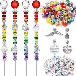 Lineshading 194 Pieces Pet Memorial Garden Stakes, DIY Bead Stakes, Garden Decoration, Includes 4 Top Stoppers, 100 Letter Beads, 78 Large Hole Beads, 8 Silver Pendants, 4 Threaded Rods, 4-image-62