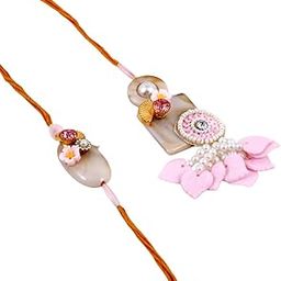 Traditional Handmade Bhaiya Bhabhi Rakhi Set, Brown and Pink Pearl Design with Decorative Elements-92