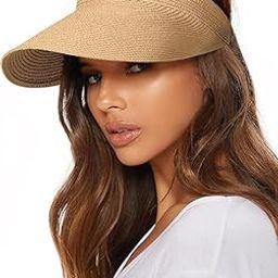 Straw Hat Sun Cap for Women,Wide Brim Beach Hat for Women UV Protection Cap,Summer Packable Hats - UPF 50+, Korean Style Ponytail Skullcap, Topless Sun Visor-16