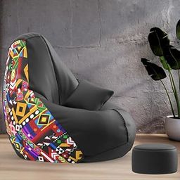 Biggie Bean Bag with Beans Filled XXXXXL Bean Bag with Free Cushion and Footrest - Official : PrintZen Combo (Matching Color : Printed, Abstract Pattern 1002-Black)-20