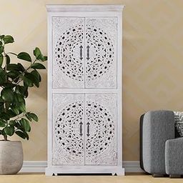 VANMAYA Wooden Mandala Carved almirah; Decorative Storage Cabinet Solid Wood handcarved Wardrobe with Two Doors and Shelves for Living Rooms, bedrooms, Hotels, and Homes;-image-46