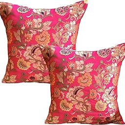 Pilovilo Brocade 12"x12" Silk Pink Cushion Covers Set of 2 in Multicoloured Floral Design Festive with Silk Back (Pink Oriental, Set of 2, Small Size)-image-2