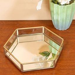 ARTINCO Vintage Glass & Brass Vanity Tray, Hexagonal Home Table Decoration, Makeup Organizer, Vanity Tray, Brass Gold 8x9x1.5 Inches-image-50