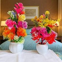 Pack of 2 Artificial Flowers & Pot for Home and Office Decoration| Artificial Flower Pot for Home & Office Decor, Diwali Decoration Flower with Pot (2 Pack of 10 inches)-image-0