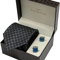 Black Geometric Necktie with Blue Cufflinks Combo for Men-image-68