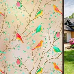 MOCOCO Premium Window Films Privacy Film Self Adhesive Decorative Film For Bathroom Door, Window Heat Control Anti Uv-Colorful Birds (12X25 Inch),Multicolour-picture-14