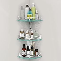 Plantex Transparent Glass Corner Shelves for Bathroom/Kitchen/Living Room Wall Mounted with Stainless Steel Railings and Brackets - Premium Bathroom Organizer (12 x 12 Inches - Pack of 3)-image-100