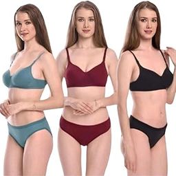 Set of 3 Women's Cotton Solid Non Padded Bra & Panty Set | Sexy Lingerie Set for Bridal | Honeymoon Bikini Set for Girls & Women - Adjustable Straps (P)-14