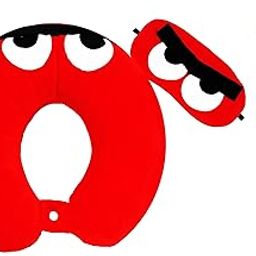 JUZZII Velvet Neck Pillow & Eye Mask - Combo Neck Pillow with Sleeping Eye Mask Great for Long Road Trips and Flights, Ideal for Men & Women- Red Big Cartoon Neck M.No.5 & Mask No-18-32