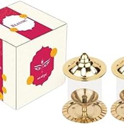 Klassic Navjyoti 4 Inch Small Diya with Borosilicate Glass Shade for Mandir, Decorative Brass &Glass Oil Lamp Lantern Diya with Glass Cover for Prayers, Cylindrical Borosilicate Glass Diya(Pack of 2)-21