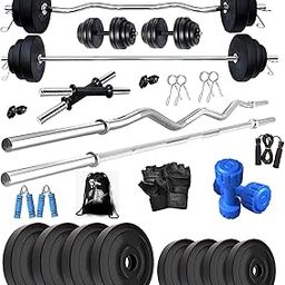 Bodyfit Home Gym Set Combo, Exercise Equipment, Weight Plates (8-100Kg) with 5Ft Plain Rod,3Ft Zig Zag Bar, 2x14 Dumbbell Rods, Gym Accessories (12Kg Set)-28