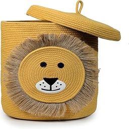 Juteify Jute Cotton Stripped Handcrafted Woven Planter Round Basket For Home Decore,Multi Purpose Bag With Lids For Living Room Office&Kitchen Vegetable&Fruits (Lion)-16