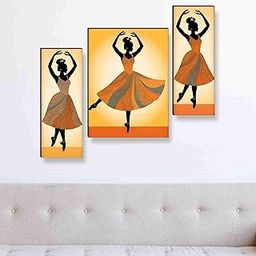 SAF Dancing Girl Wall Painting Set of 3 | MDF Board Panel Artwork | Elegant Ballet Silhouette Modern Art | Orange Toned Home Décor (20 Inch x 12 Inch) JM-36060-image-84