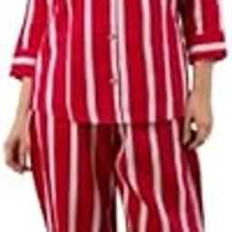 Women's Striped Pajama Set, Red and White, Button-Down Top with Long Sleeves, Full Length Pants-image-78