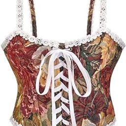 Women’s Jacquard Camisole Corset | Oil Painting Print Boned Body Shaper with Lace & Zipper-image-15