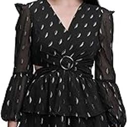 tokyo talkies Women's Chic Cut-Out Ruffle Dress with Long Bishop Sleeves A Playful Yet Elegant Short Dress for Every Occasion-picture-25