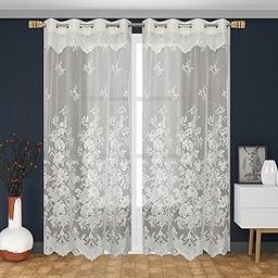Polyester Fabric Floral Net Semi Transparent Sheer Curtains for Living Room | Set of 2 Soft Polyetster Curtains with Eyelet Ring Top for Bedroom, Door and Windows (White, 4x7 Feet (Doors))-image-86