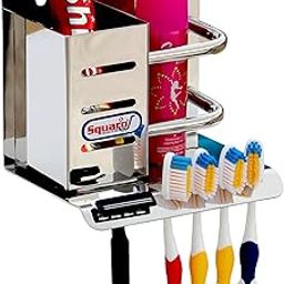 SQUARO ONLINE STORE Premium Stainless Steel Toothbrush Stand/Tumbler Holder Multipurpose Bottle Holder Brush And Paste Holder For Bathroom Accessories ( Classic, Chrome Finish, Pack of 1 )-image-19