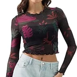 the souled store Official Mowgli & Friends Women and Girls Round Neck Full Sleeve Slim Fit Mesh Cropped Tops-picture-1