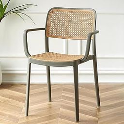 Modern Cane Dining Chair with Armrests, Woven Rattan Back and Seat, Grey Frame | (Pack of 1)(Grey)-picture-17