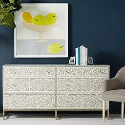 UK Indian Furniture Mango Wood Bone Inlay Cabinet – Drawer White Floral Sideboard, Handmade Storage Chest, 76x18x34 inch | Ethnic Boho Design Dresser for Bedroom & Living Room-image-1
