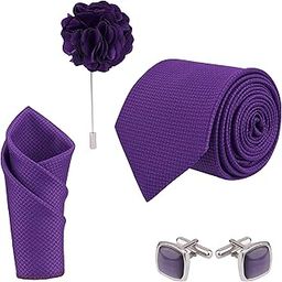 Men's Criss Purple Cross Design MicroPoly Formal Necktie Tie With Pocket Square,Lapel Pin,Cufflinks, Solid Color Tie with Silky Feel (Leatharite Gift Box) (Pack of 4)-image-66
