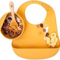 Kids Station 3 Piece Portable Silicone Baby Feeding Set - Baby Bib - Spoon and Bowl - Make Mealtime Fun and Easy for Your Little One - Promotes Baby Self-Feeding for Highchair (Yellow)-10