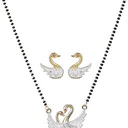 Gold & Rhodium Plated Chic & Charming Swan Mangalsutra Set with Black Beads & White Crystals for Women-image-43