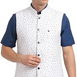 Men Terylene Rayon White Dobby Print Formal Nehru Jacket-picture-2