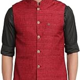 Men Poly Cotton Printed Red Nehru Jacket-image-80