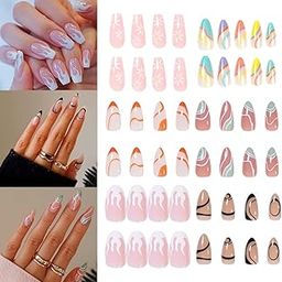 ZUGAD 48PCS (2 Packs) French Tip Short Press-On Nails – Almond Shaped Fake Nails with Black Wavy Line Design, Adhesive Tabs Included, Full Cover Reusable Nail Set for Women & Girls – Multicolor & Multi-Design-42